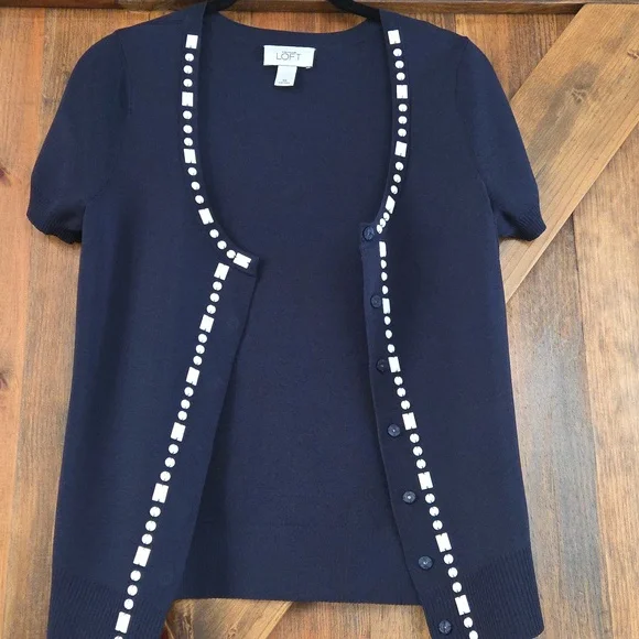 Easter Brunch Anne Taylor Loft Women's Navy Blue Sweater Full Snap Front XS - Picture 2 of 16